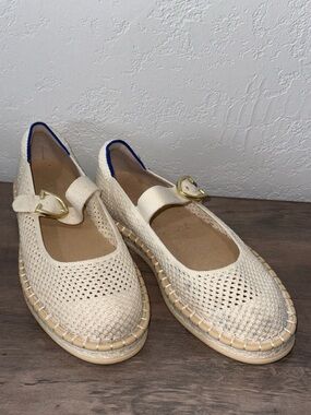 Rothy’s Women’s Cream Woven Espadrille Mary Jane Flats with Gold Buckle